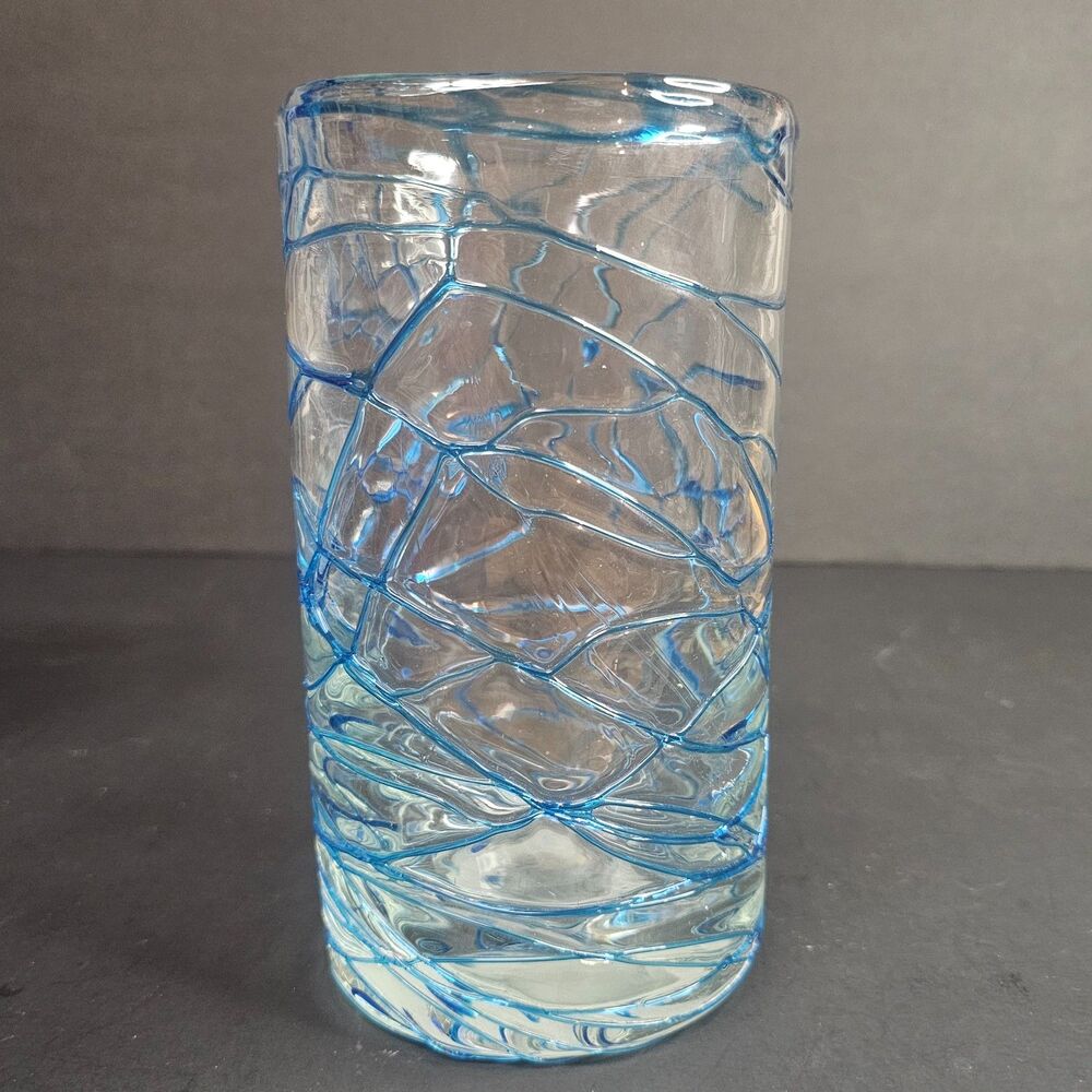 Handmade Mexican Style Glass Vase Clear with Blue Swirls 8"